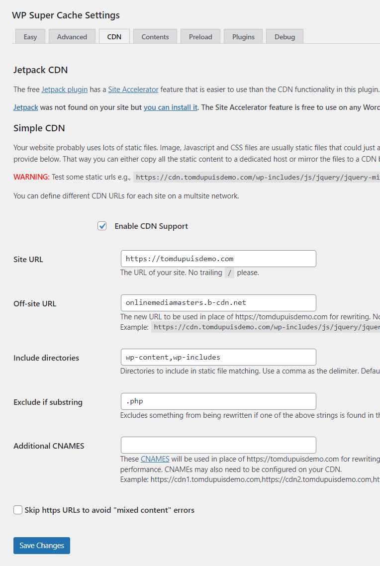 Wp super cache cdn settings