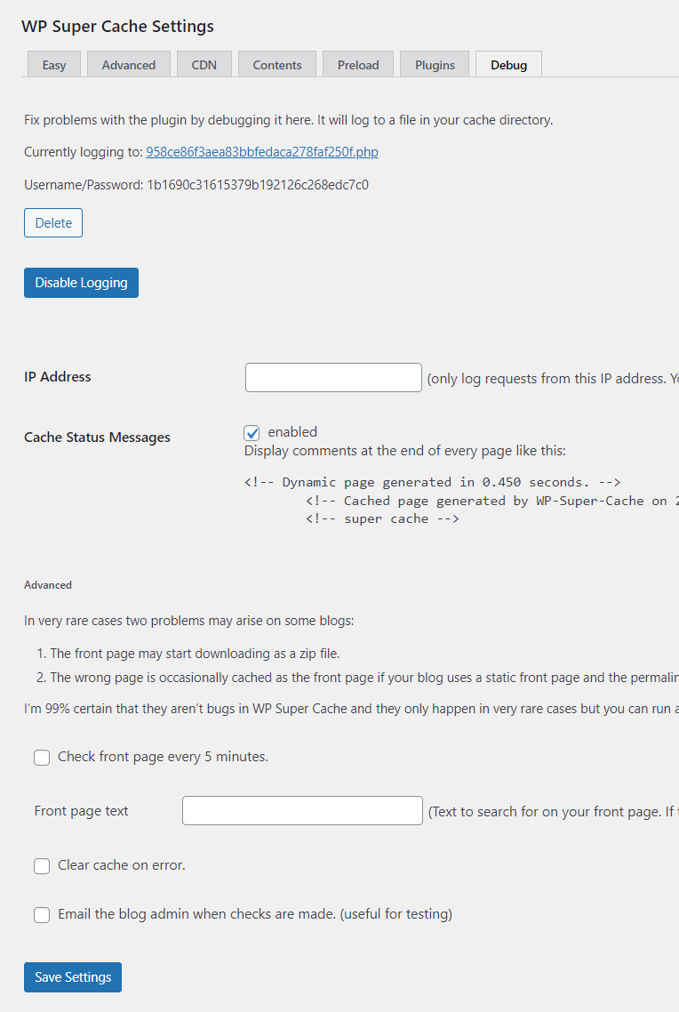 Wp super cache debug settings