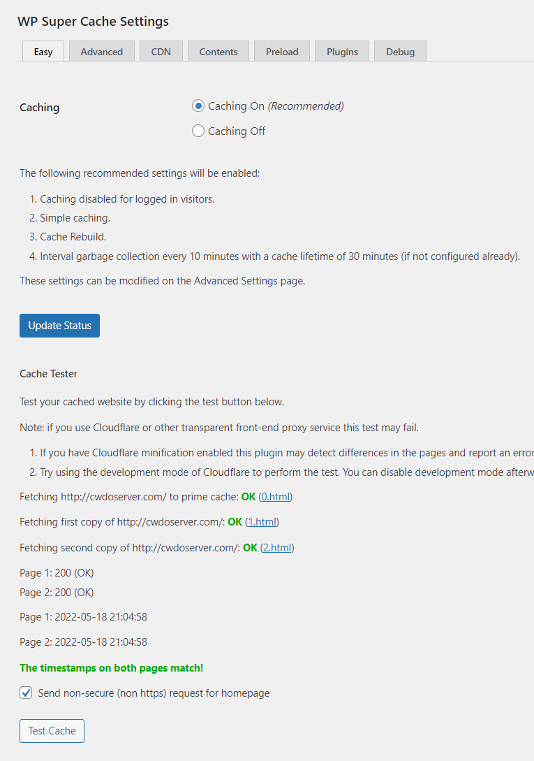 Wp super cache easy settings