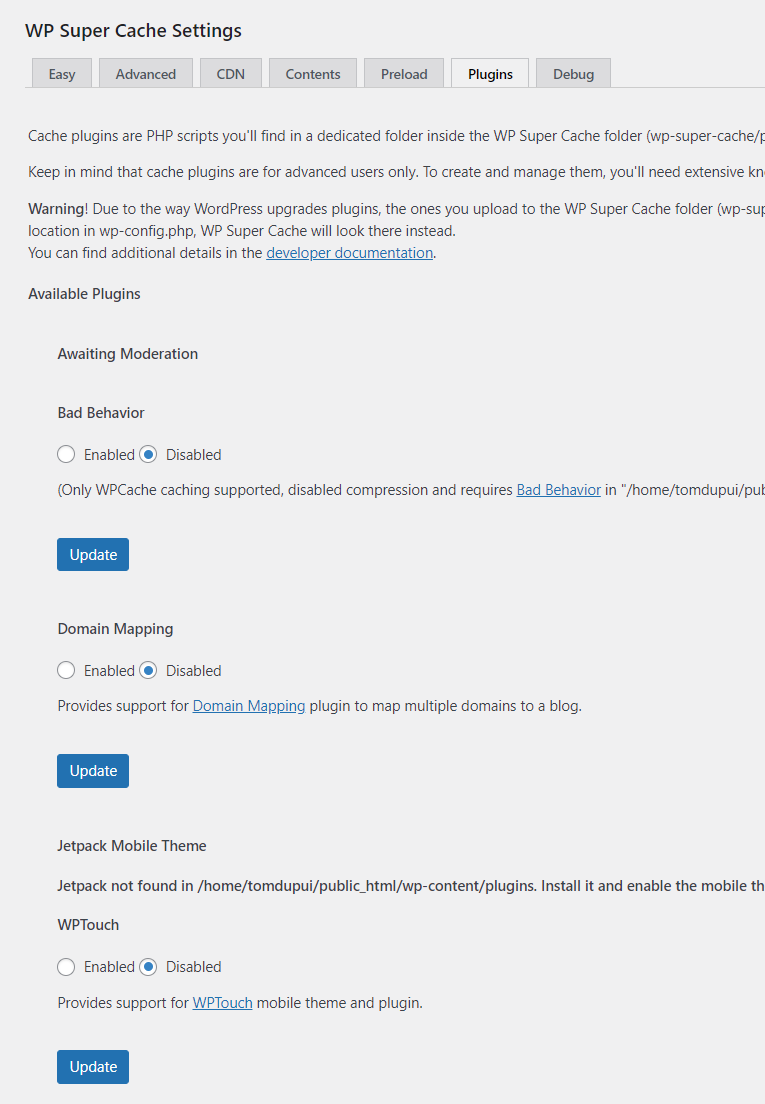 Wp super cache plugin settings