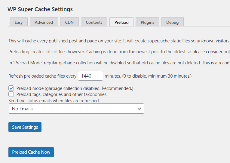 Wp super cache preload settings