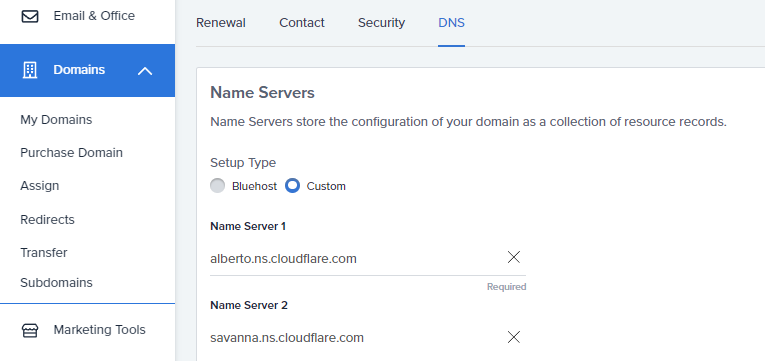 Bluehost change nameservers