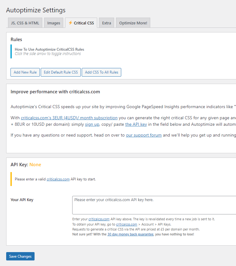 Autoptimize critical css settings