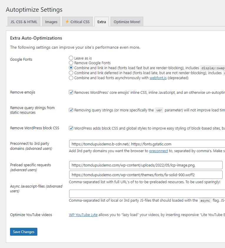 Autoptimize extra settings