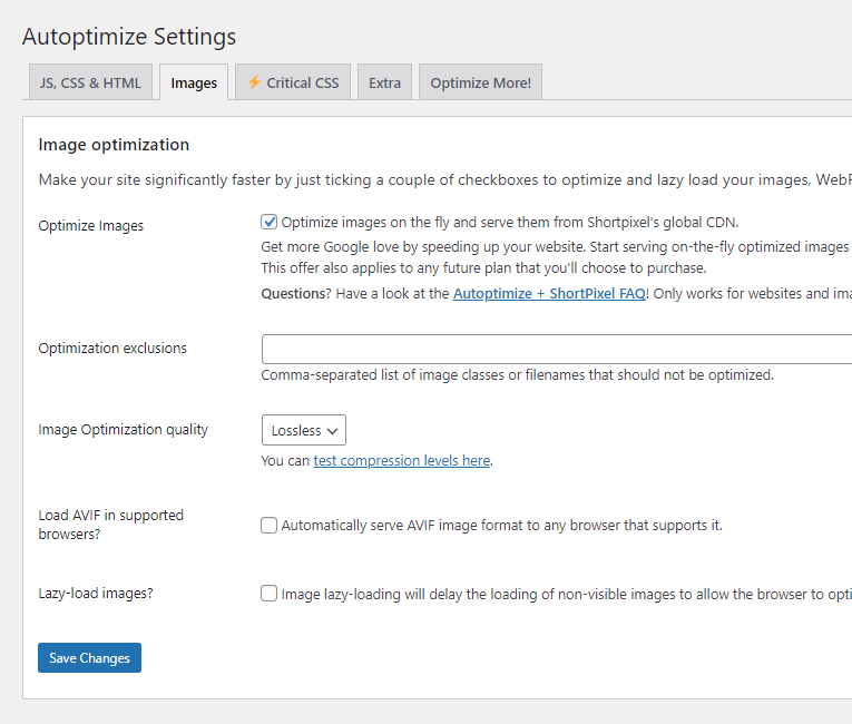 Autoptimize image settings