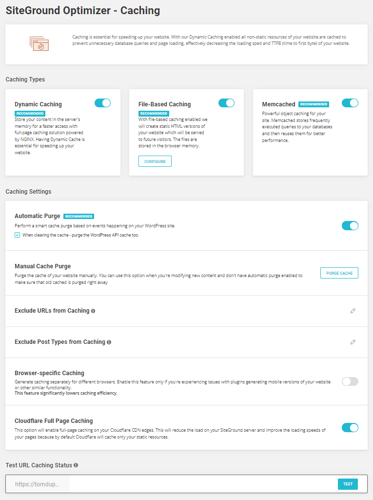 Siteground optimizer caching settings