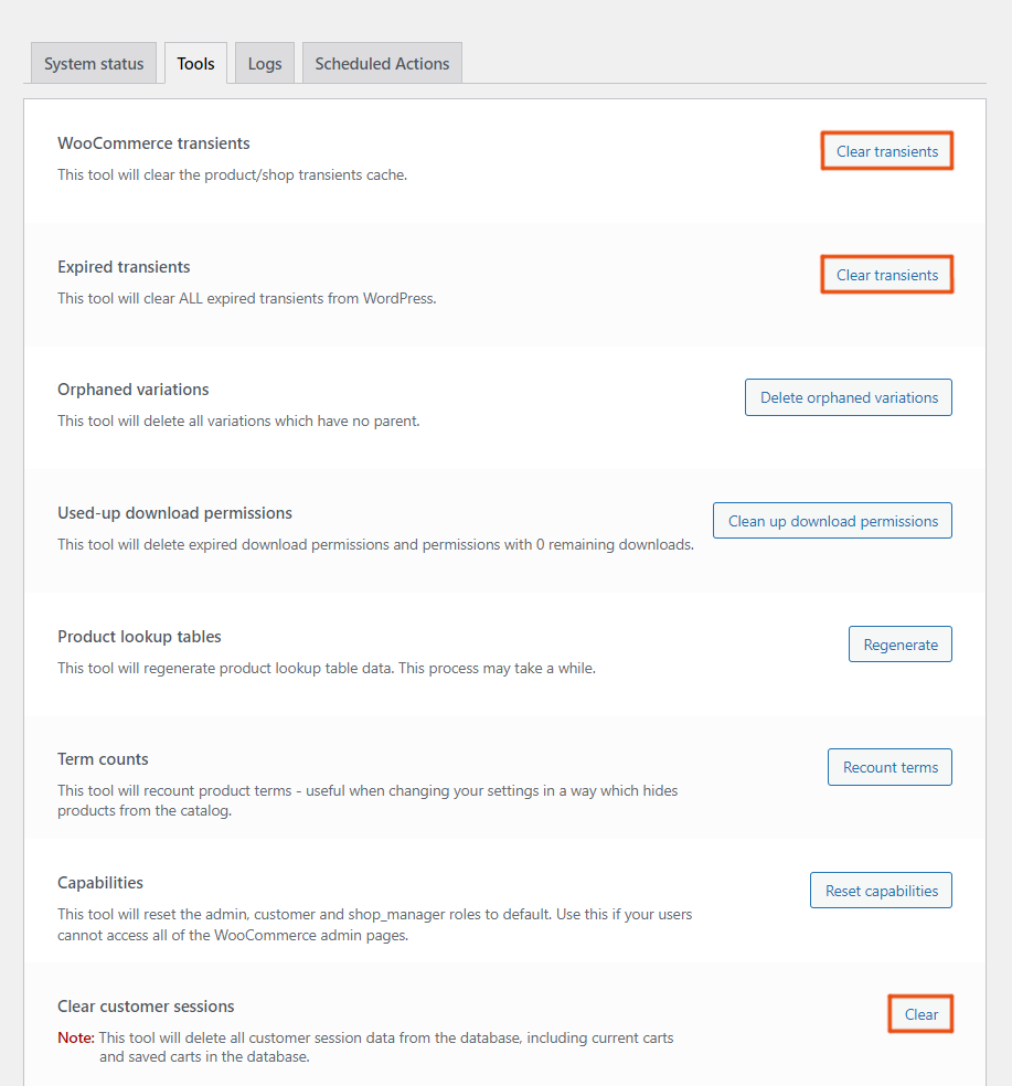 Clear woocommerce transients customer sessions