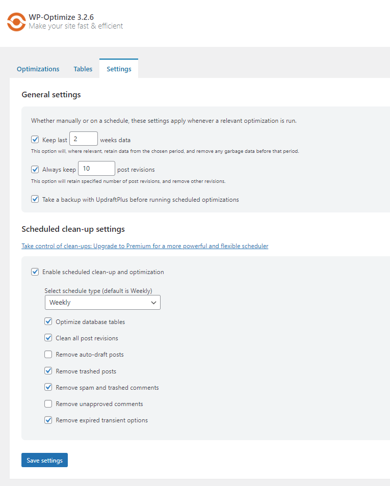 Wp optimize database cleanup settings 1