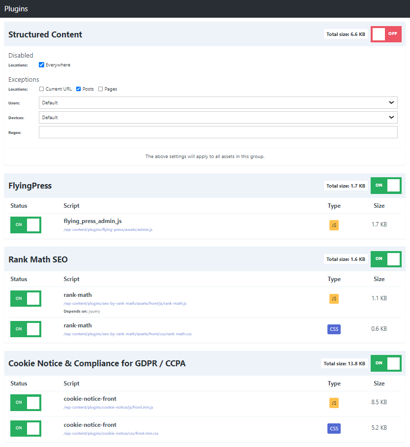 Perfmatters disable plugins on specific pages in script manager