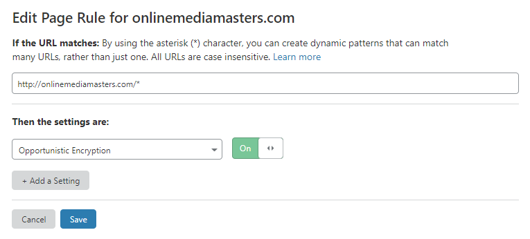 Cloudflare opportunistic encryption page rule