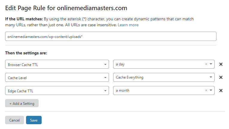 Cloudflare wp uploads page rule