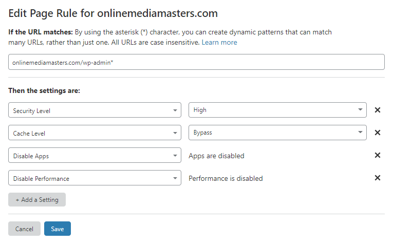Cloudflare wordpress admin page rule