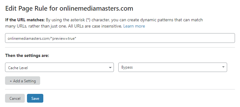 Cloudflare wordpress preview page rule