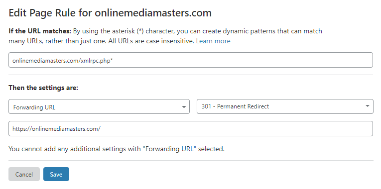 Cloudflare xmlrpc page rule