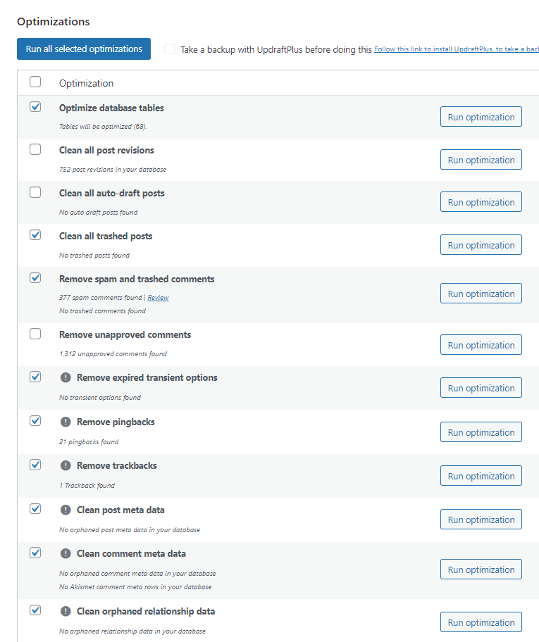 Wordpress database cleanup settings wp optimize