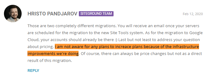 Siteground not aware of price increase