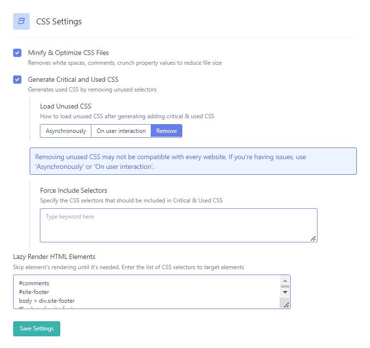 Flyingpress css settings