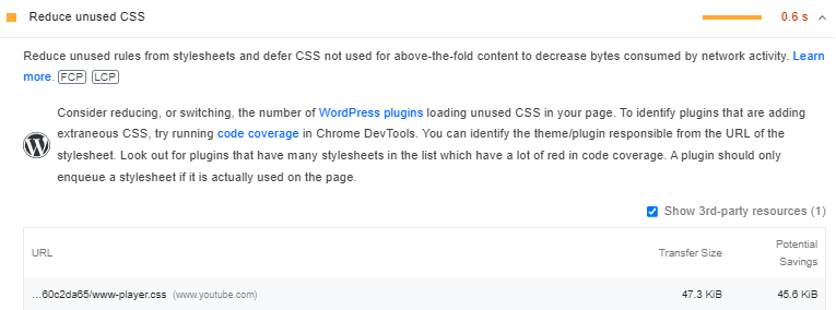 Reduce unused css youtube