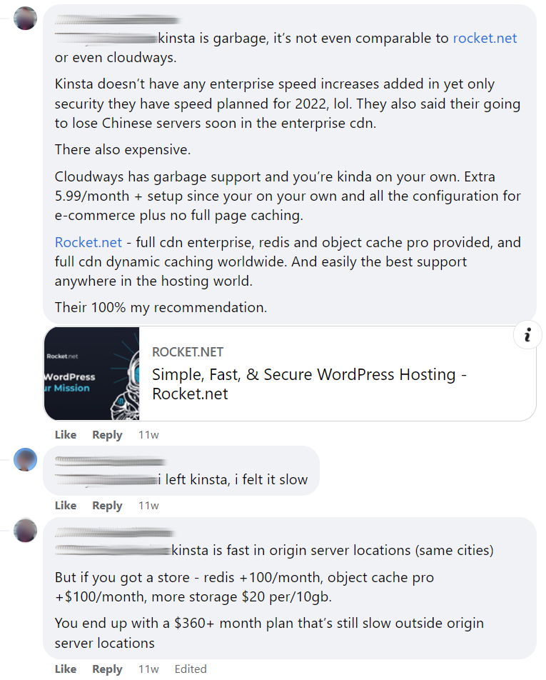 Rocket. Net vs kinsta