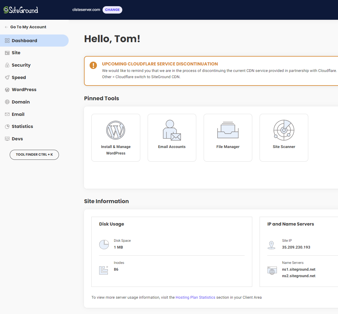 Siteground site tools dashboard