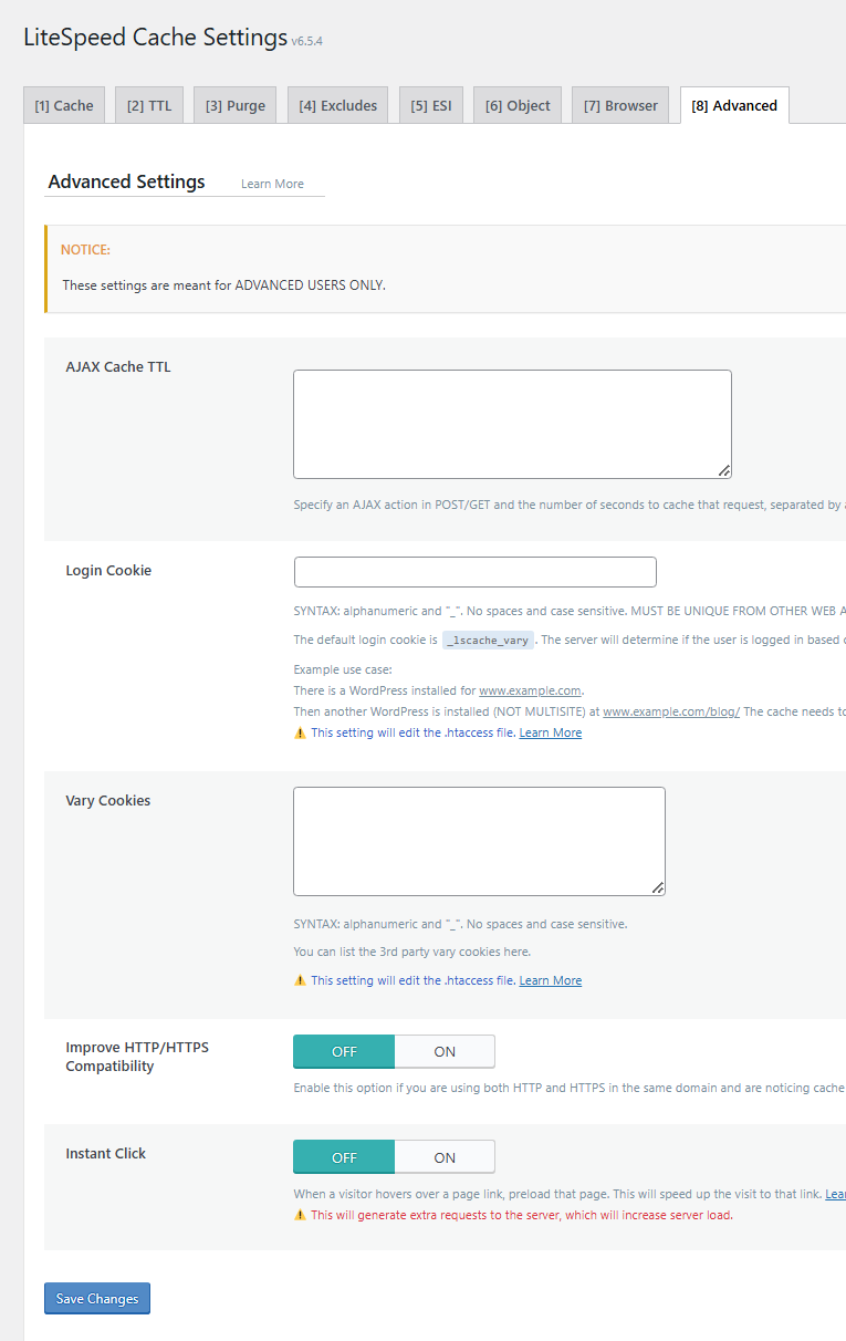 Litespeed cache advanced settings