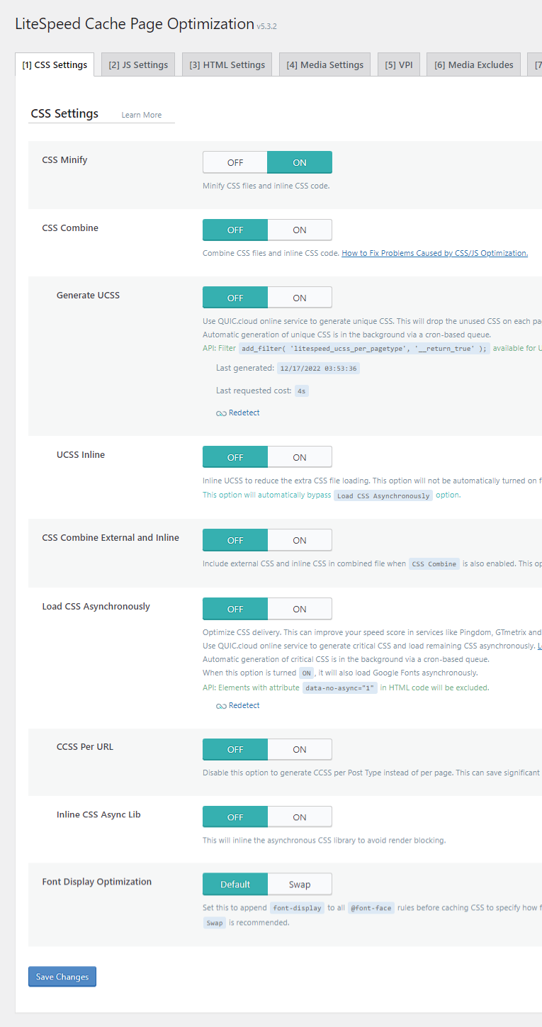 Litespeed cache css settings