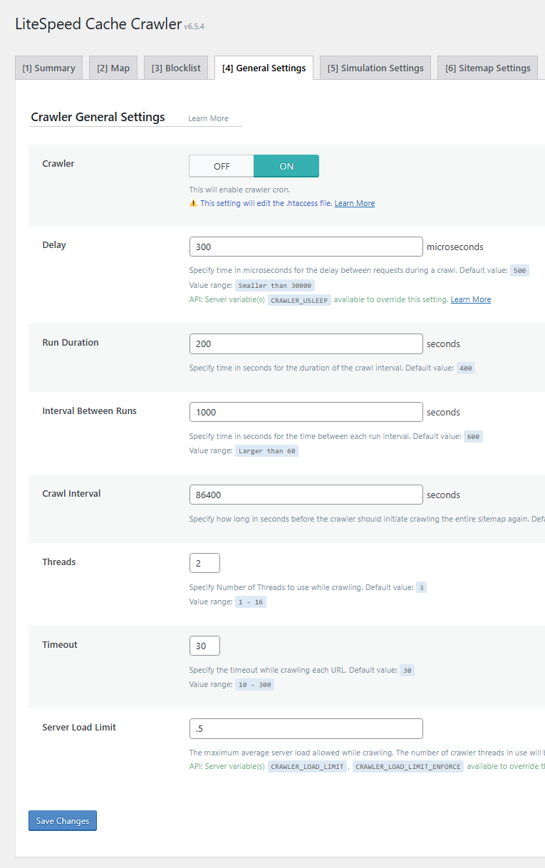 Litespeed cache crawler settings general