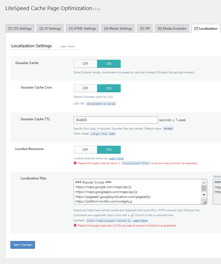 Litespeed cache localization settings