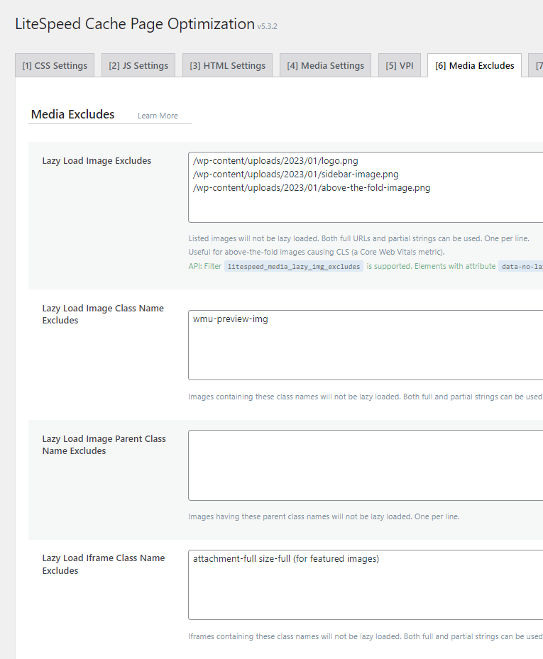 Litespeed cache media excludes settings
