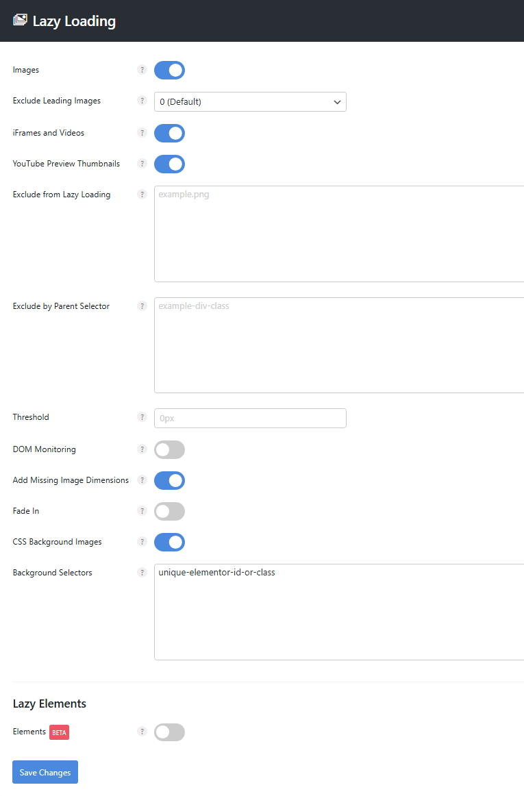 Perfmatters lazy loading settings