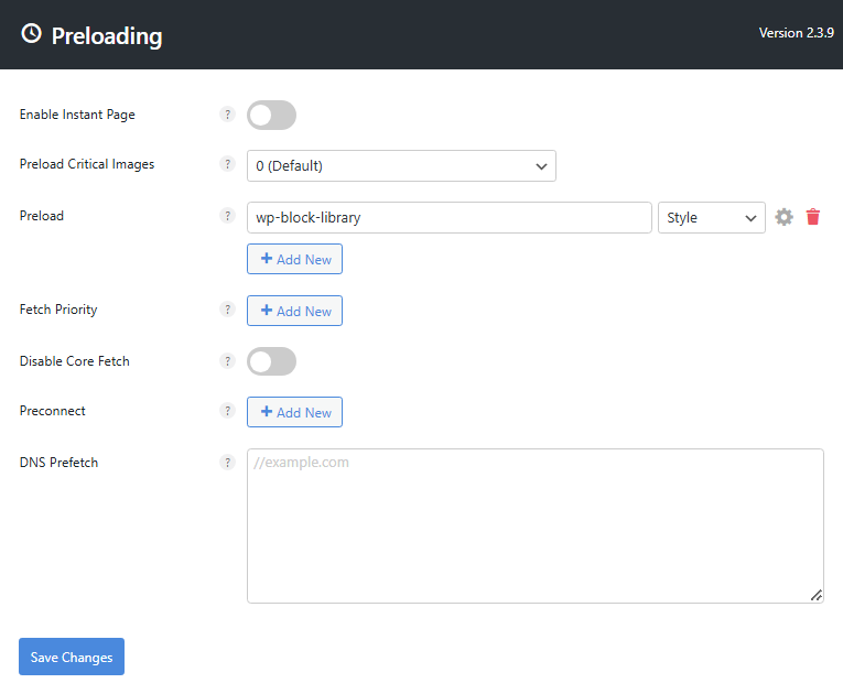 Perfmatters preloading settings