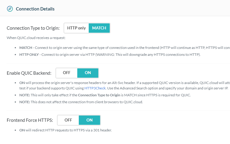 Quic. Cloud connection details