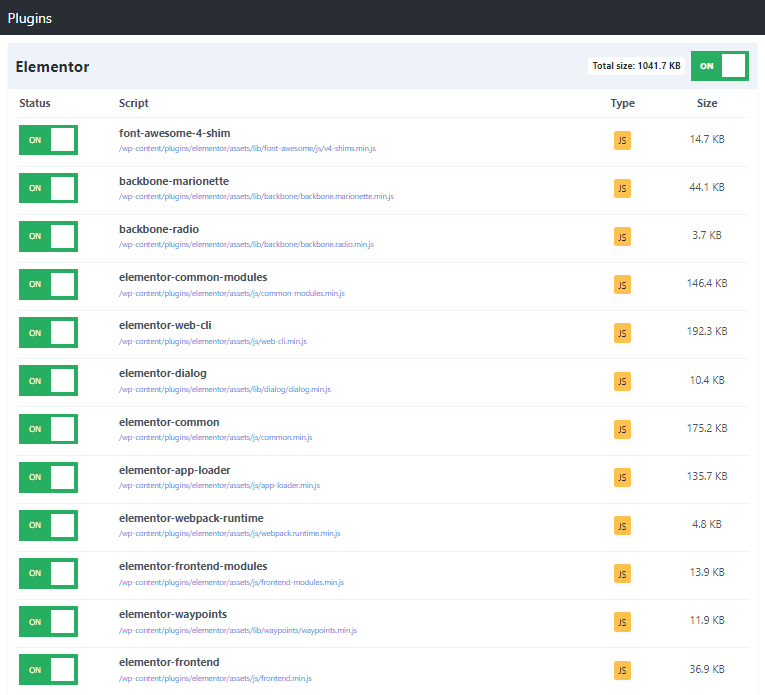 Elementor javascript perfmatters