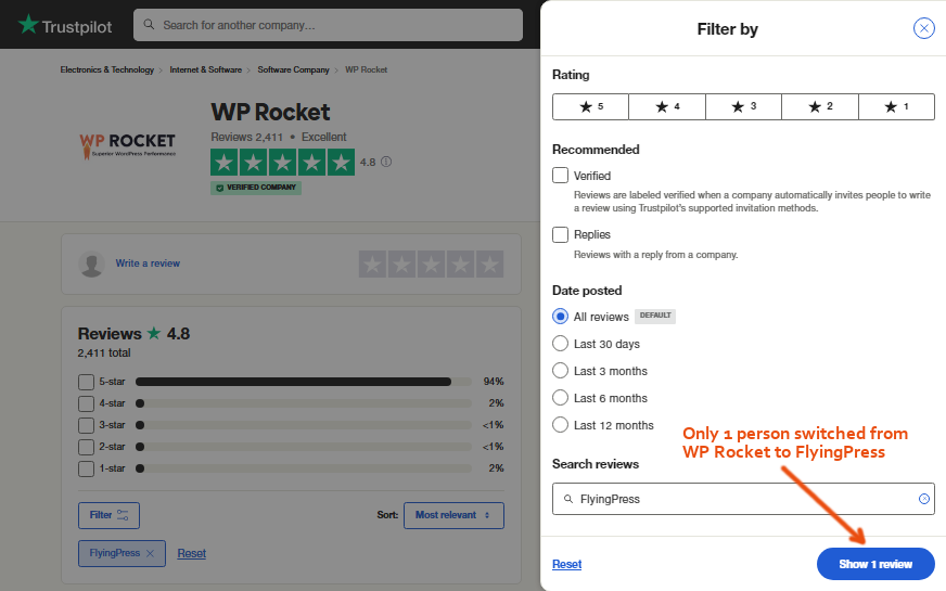 Flyingpress to wp rocket trustpilot reviews