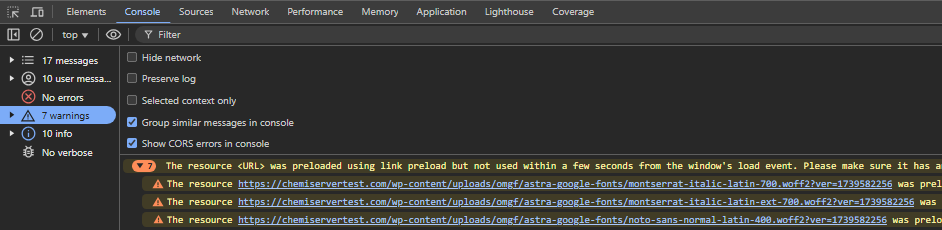 Font preloading errors google search console